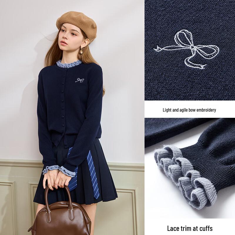 Xiangying Women's Wool Blend Ruffle Trim Knitted Cardigan
