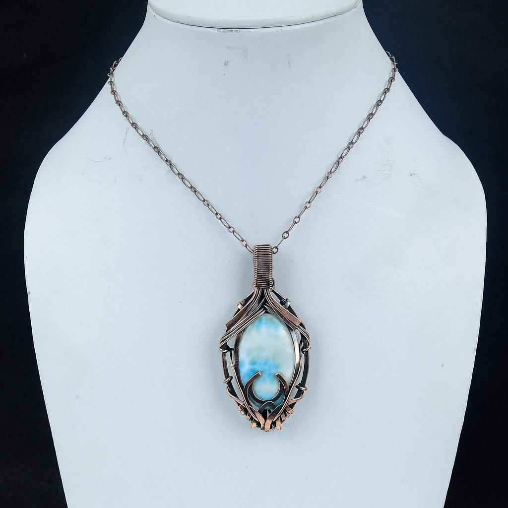 Larimar Pendant Gemstone Jewelry, 999 Copper Wire Wrapped Pendant, Handmade Jewelry Birthstone Pendant, Gift For Him