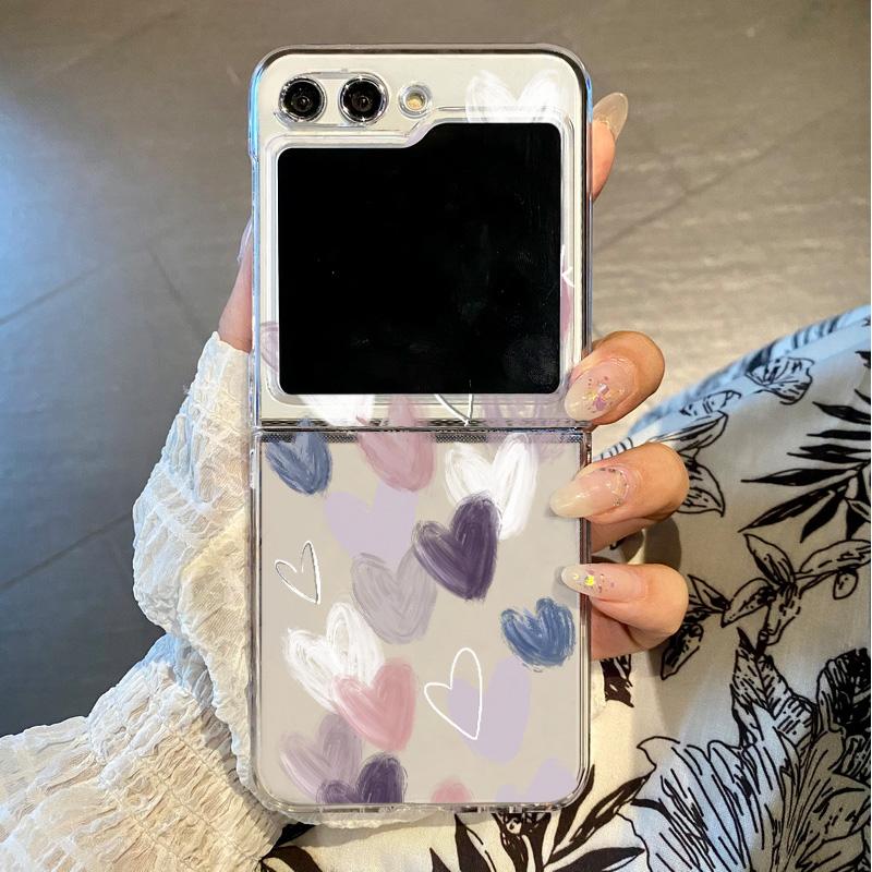 Samsung Galaxy Z Flip 7 6 5 4 3 uchun Sevgi Yuragi Bosmalari bilan Shaffof Buklanadigan Telefon G'ilofi Samsung Z Flip7 Flip6 uchun Qattiq Shaffof Qopqoq