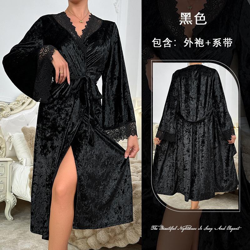 Extended bathrobe sexy lace light luxury long-sleeved velvet nightgown bathrobe