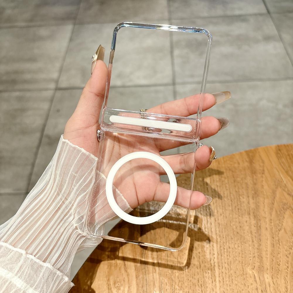 Transparent Pearl Bracelet Case for Samsung Galaxy Z Flip 7 6 5 4 3 Magnetic Hand Wrist Chain Clear Hard PC Cover