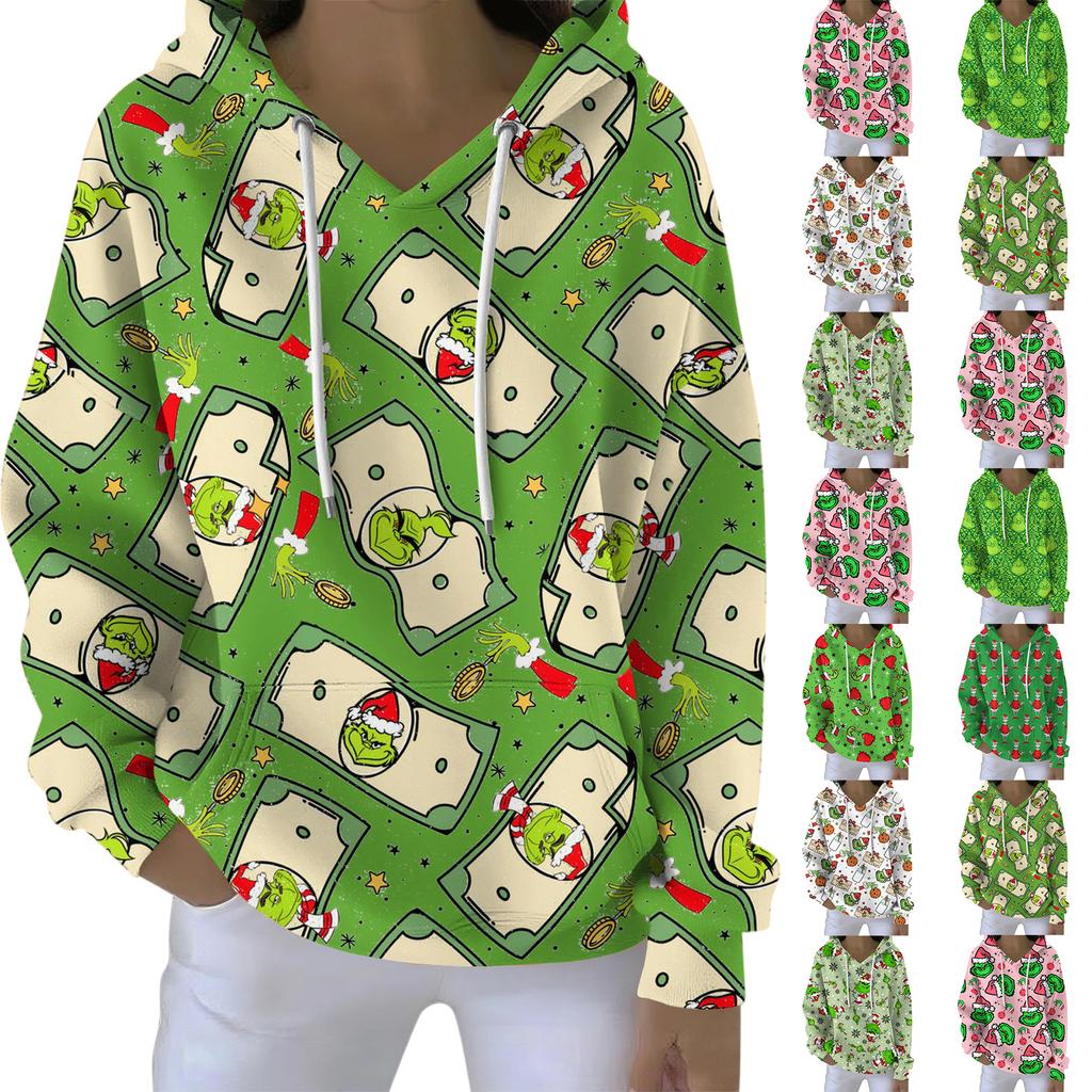 Ladies' Loose And Comfortable Drawstring V-neck Long Sleeved Christmas Printed Sweatshirt