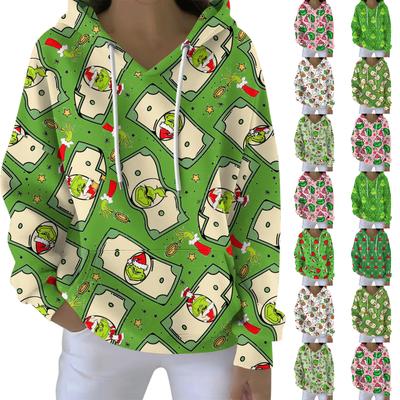 Ladies' Loose And Comfortable Drawstring V-neck Long Sleeved Christmas Printed Sweatshirt