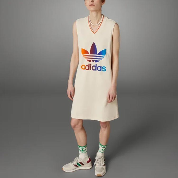 Adidas Originals 70S Logo Letter Print V-Neck Sleeveless Dress Women Dress Beige IK7862