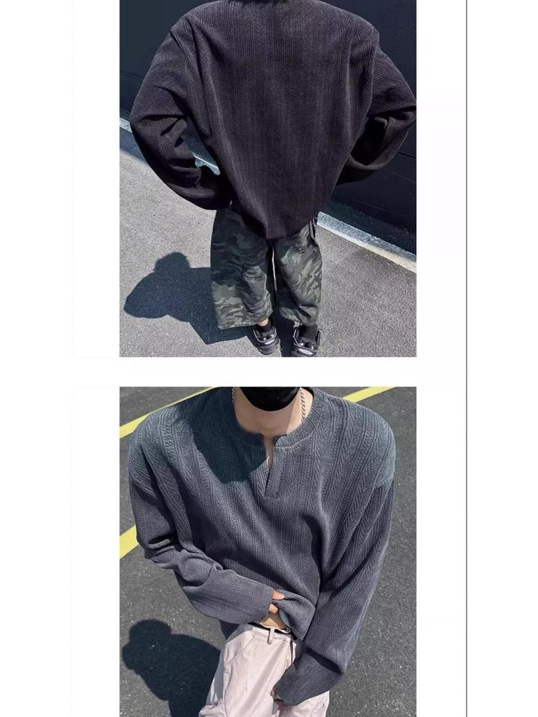 Men's American Trendy V-Neck Jacquard Sweatshirt: Loose Fit, Long-Sleeve, Casual High Street Style T-Shirt for Autumn.