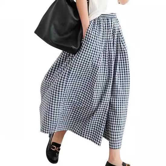 2024 Autumn Plus Size Plaid Cotton Linen Wide-Leg Skirt Pants - Elegant and Casual
