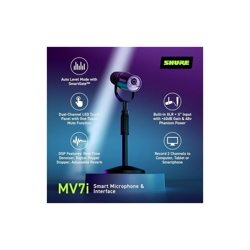Shure MV7i Smart Mic - USB-C & XLR Microphone for Podcasting, Music & Streaming, Built-in Audio Interface, Auto-Level Mode, Advanced DSP, All-Metal