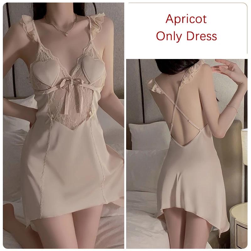 Summer Sexy Women's Nightgown with Bra Padded Deep V Neck Lace Satin Backless Nightgown for Women