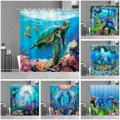 Ocean Underwater World Shower Curtain Colourful Tropical Fish Turtle Deep Sea Coral Fabric Washable Bath Curtains Bathroom Decor