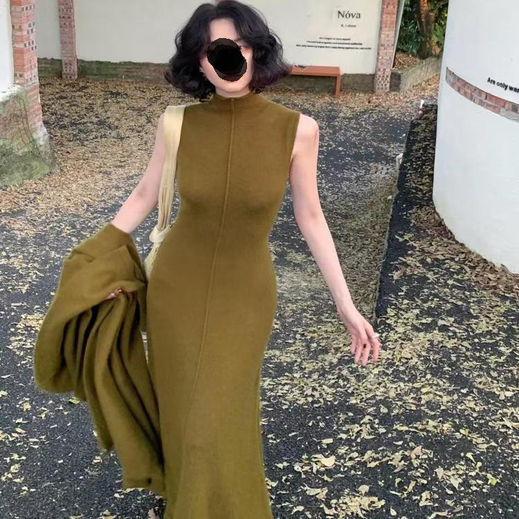 

Платье без рукавов с высоким воротником и вязаный кардиган-пальто, комплект из двух предметов XL зелёный