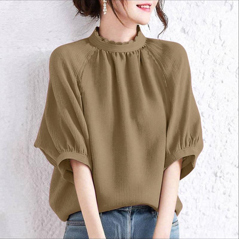 

ZANZEA Women Summer Stand Collar Casual 3/4 Sleeve Blouse 2XL хакі