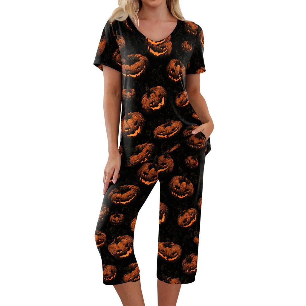 Women's Halloween Two Piece Outfit - Short Sleeve Top and Pants Set with Fun Print, Casual Wear for Halloween Party and Everyday