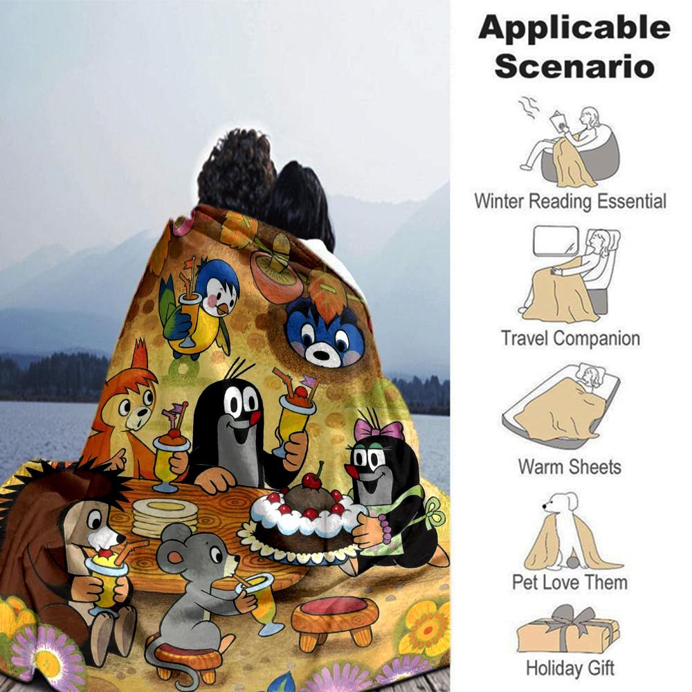 Little Mole Cartoon Animal Party Scene Print Flannel Blanket Soft Warm Throw Blanket for Sofa Bed Living Room