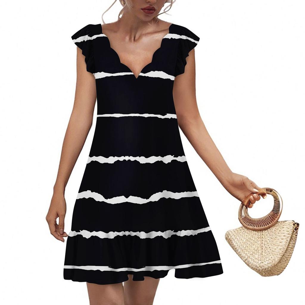Women's Fashion Casual V Neck Wavy Edge Striped Plaid Print Short Sleeve Dress