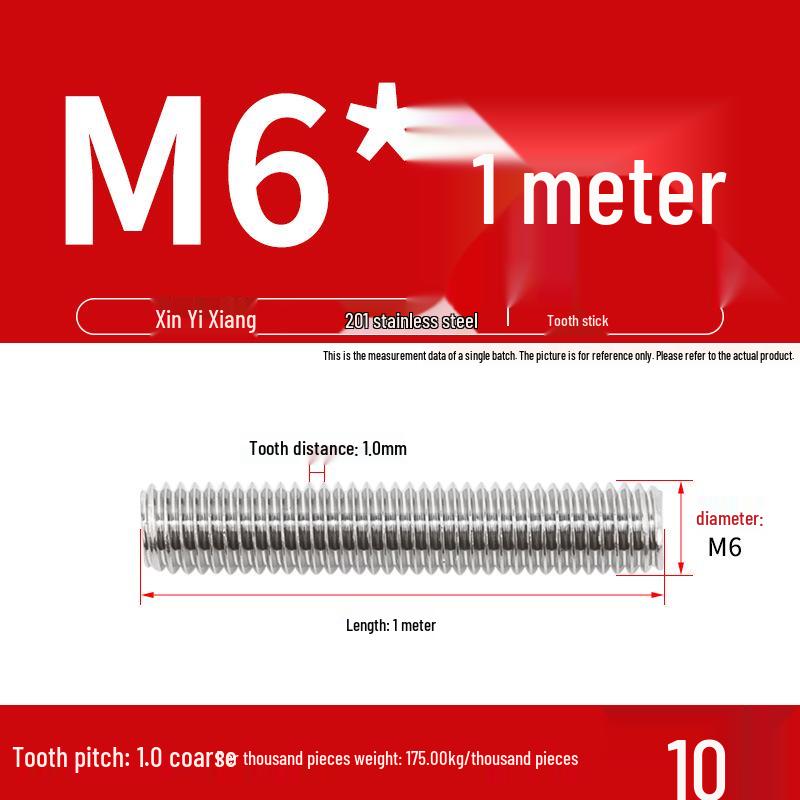 304 Stainless Steel Full Threaded Rod, 1 Meter, available in sizes M3, M6, M8, M10, M12.