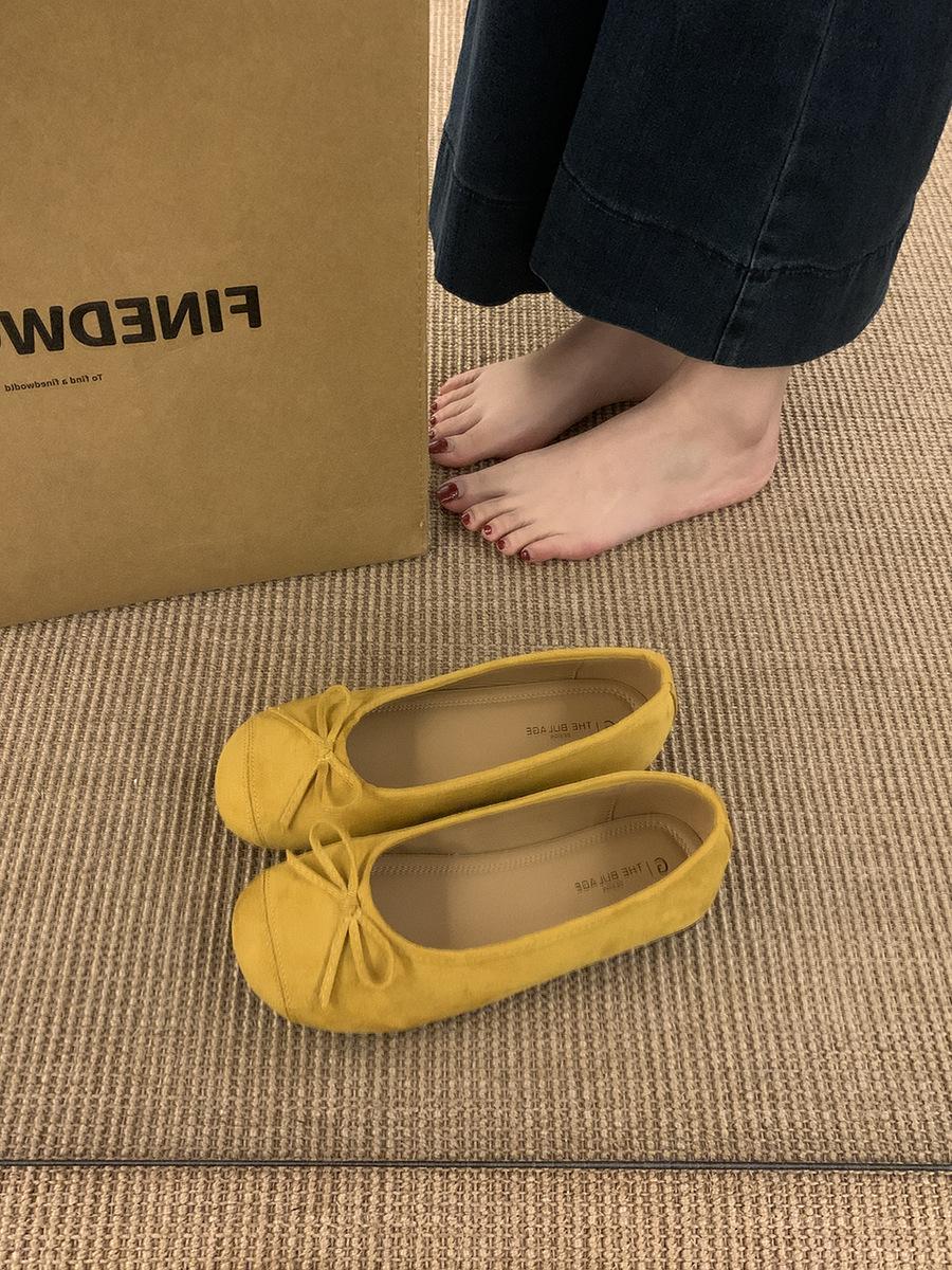 

Ретро балетки с круглым носком на плоской подошве, одинарные туфли, женская обувь 2025, новые весенне-осенние туфли с бантом, нежные вечерние туфли 40 жёлтый