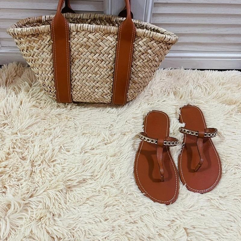ZA New Fashion Round Toe Herringbone Flat Sandals Women's Metal Chain Slippers