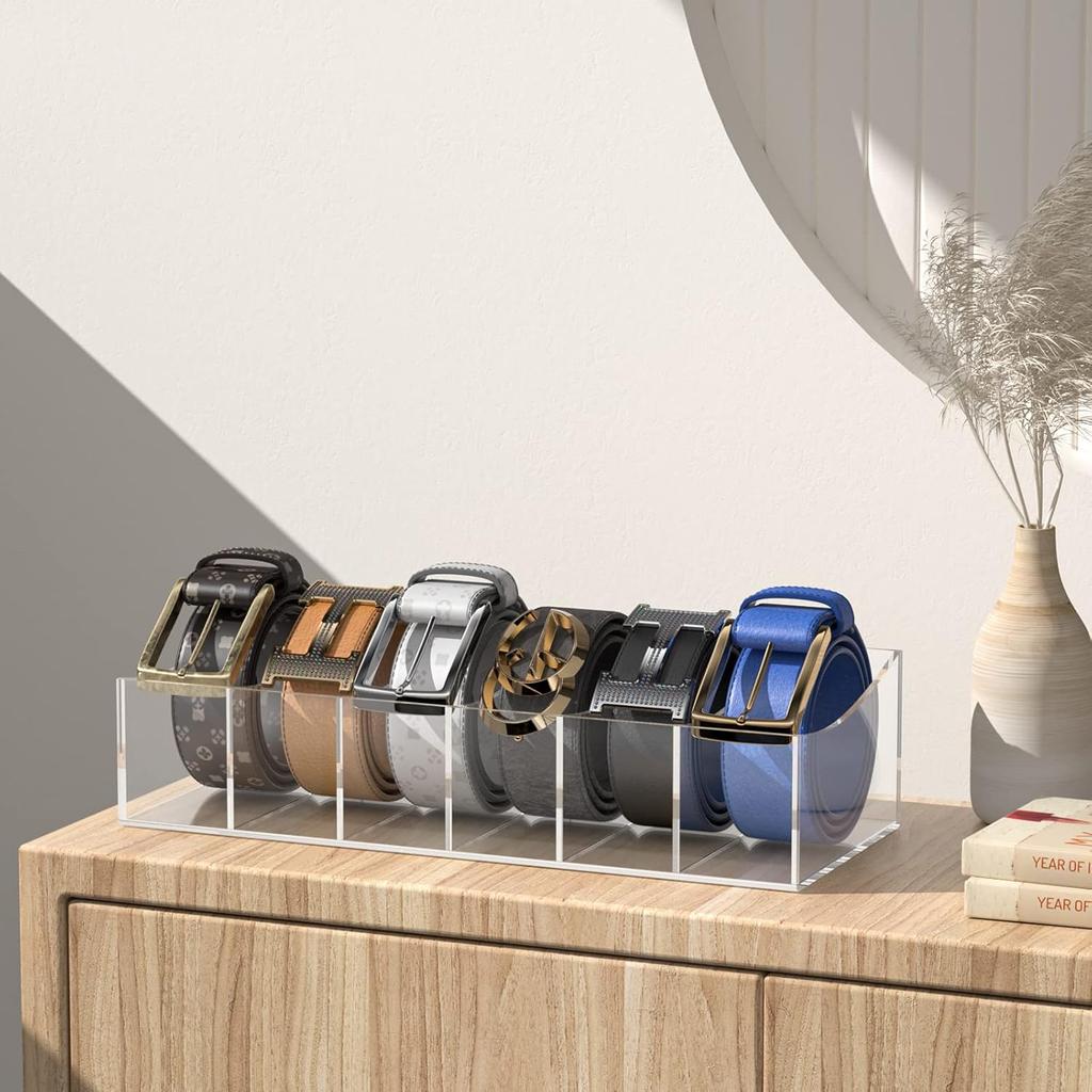 Belt Organizer, Acrylic Belt Storage Holder for The Closet and Drawer, 6 Compartments Belt Container Clear Display Case for Tie and Bow Tie