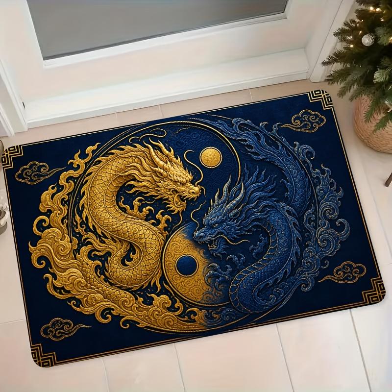Chinese Tai Chi Double Dragon Rug Suitable for Doorways, Non-Slip Absorbent Floor Mat with Tai Chi & Traditional Chinese Patterns, Machine Washable En