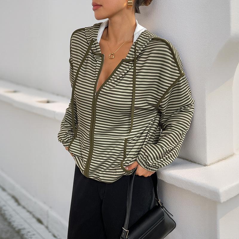 

Новый осенний кардиган на молнии в корейском ленивом стиле с капюшоном и полосками, женская повседневная куртка XL зелёный