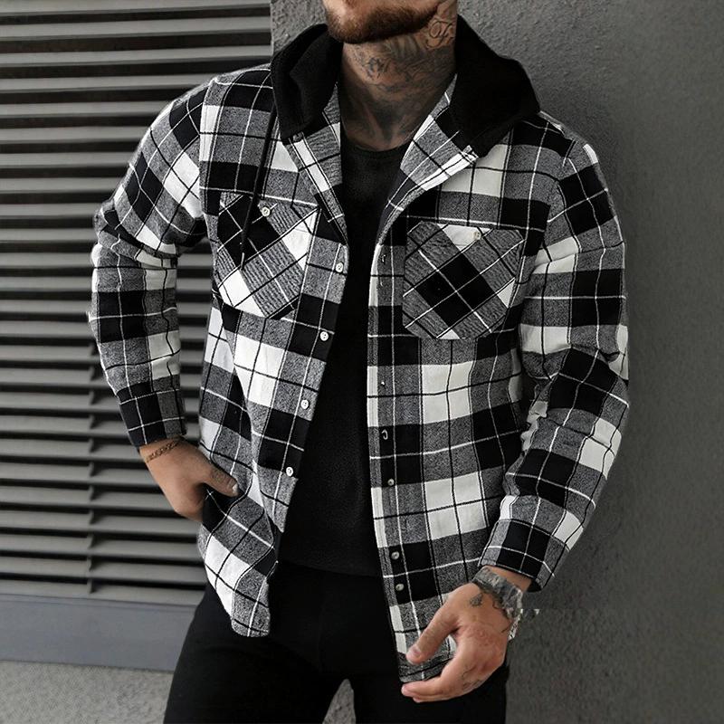 Hooded Flannel Shirt Jackets for Men Long Sleeve Loose Fit Button Down Work Shirts Outwear Men's Casual Plaid Heavyweight Hoodies Shirt With Pockets