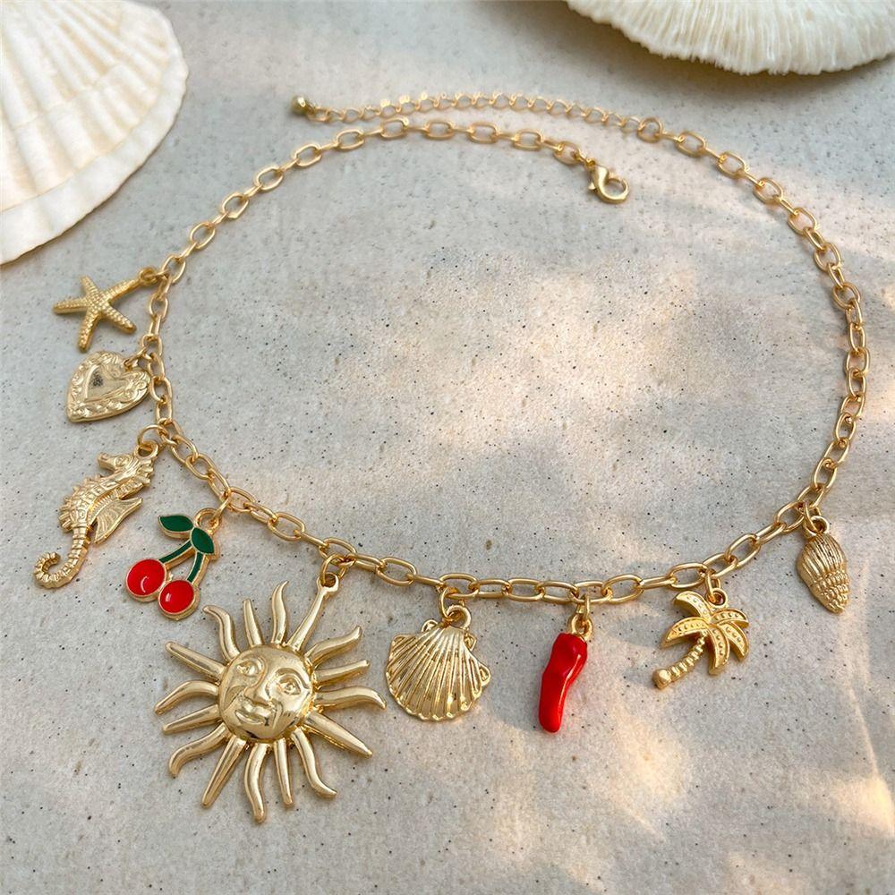 Alloy Enamel Pendant Necklace Vintage Chili Pepper Clavicle Chain for Women