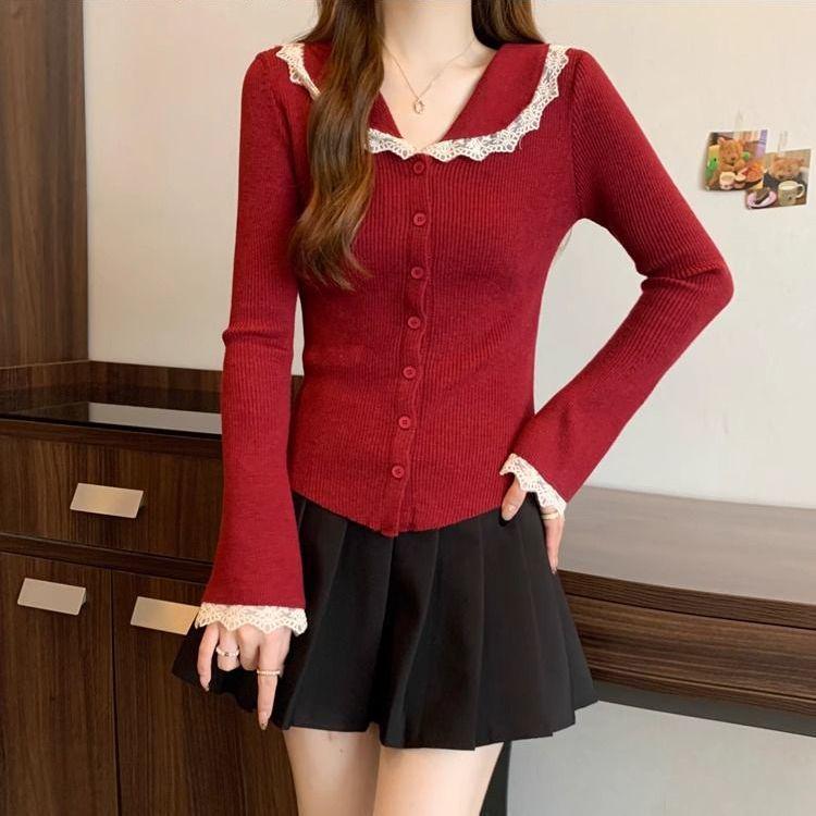 2024 Women's Autumn Knitted Cardigan: French Lace Peter Pan Collar, Bell Sleeves, Skirt Hem Crop Top