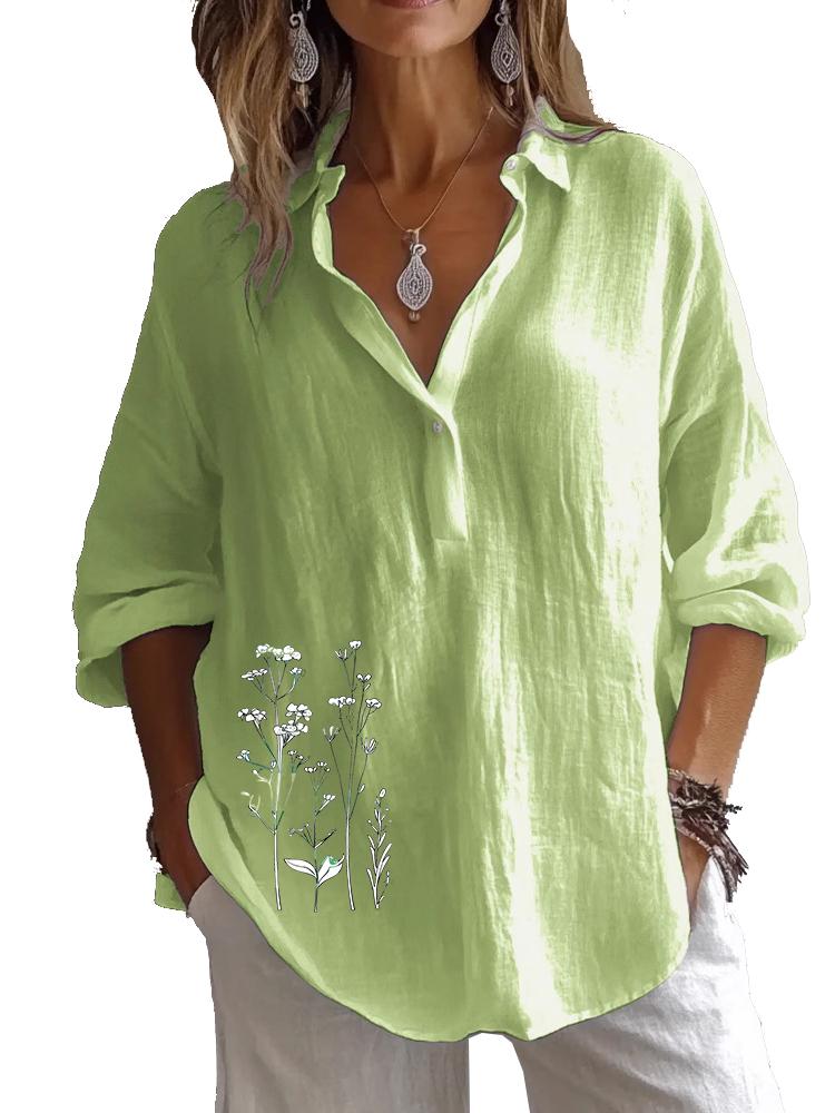 Plus Size Women Lapel Neck Cotton Linen 3/4 Sleeve Shirt Spring&Autumn Casual Floral Print Blouses