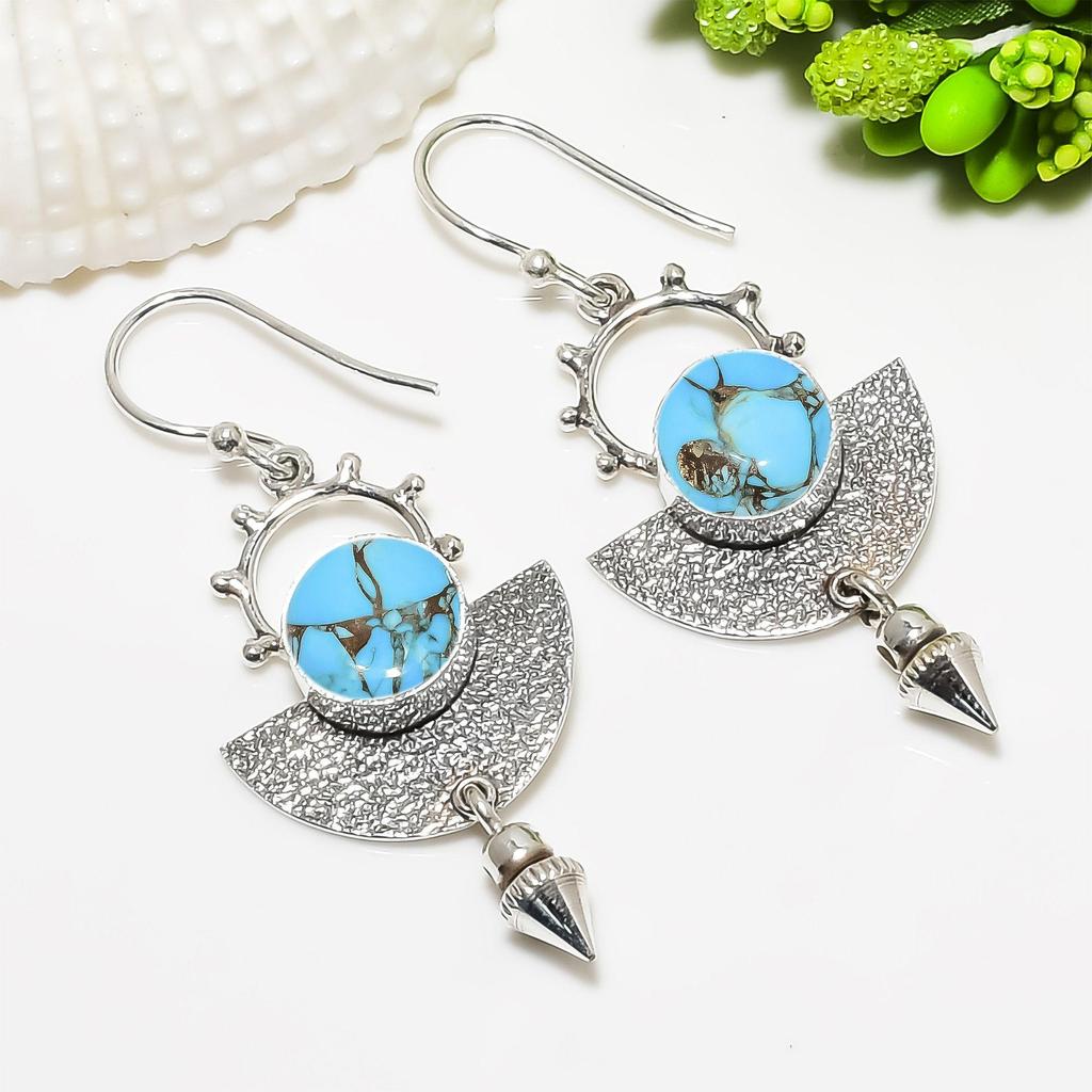 Copper Blue Turquoise Gemstone 925 Solid Sterling Silver Earrings Beautiful Earring For Birthday Gift
