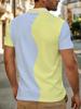 1pc Men'S Short Sleeve Polo Shirt, Multi-Size Available, Collar Button Design, Yellow Blue Curve Contrast Color Patchwork Print, Lapel Short Sleeve