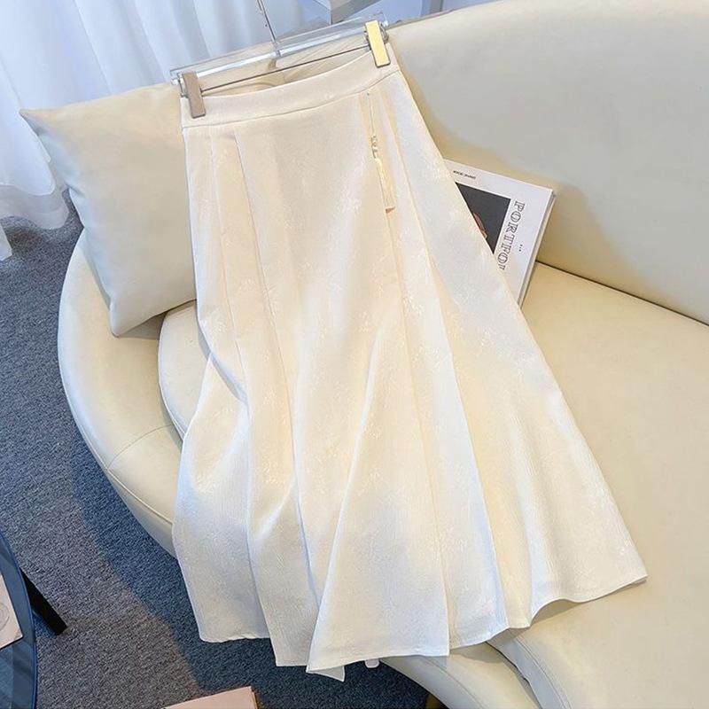 Chinese Mamian Pleated High-Waisted A-line Midi Skirt - Summer Style