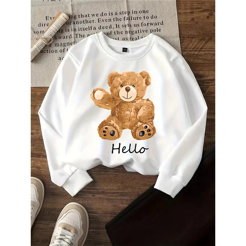 European Sizes Kids' Round-Neck Hoodie - Teddy Bear Wave Hello Pattern Print | Sportswear and Casual Wear, Soft and Comfortable
