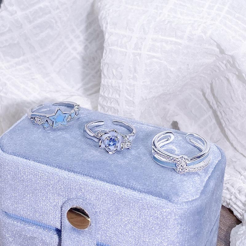 Blue Enamel Oil Drop Flower Bow Star Opening Ring Women'S Niche High-End Light Luxury Ring