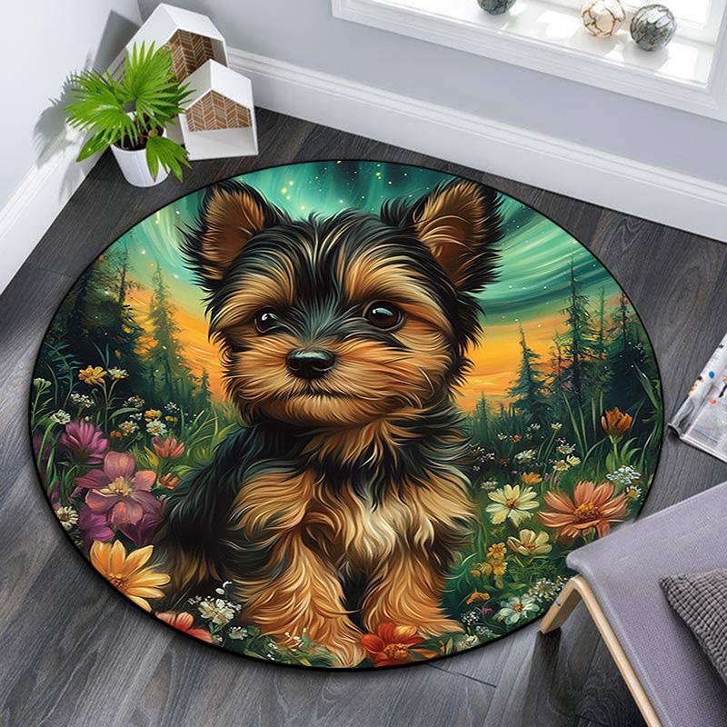 Yorkshire Terrier Round Area Rug,Carpet Rug for Living Room Bedroom Sofa Playroom Decor,Non-slip Floor Mat