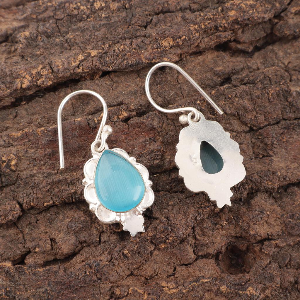 Blue Cat's Eye 925 Solid Sterling Silver Earrings, Handmade Gemstone Earrings Jewelry, Gifts For Wife Brand New Earrings