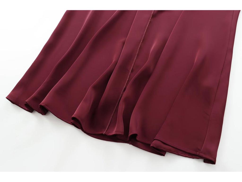 European & American Women's Autumn Burgundy Draped Sling Dress - Elegant & Lazy French Style