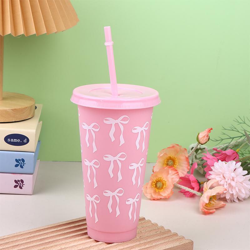 1Pc 710Ml Kawaii Bow Reusable Party Cups With Straw Lid Coffee Juice Tea Cute Tumbler With Straw Plastic Cups Summer Gifts