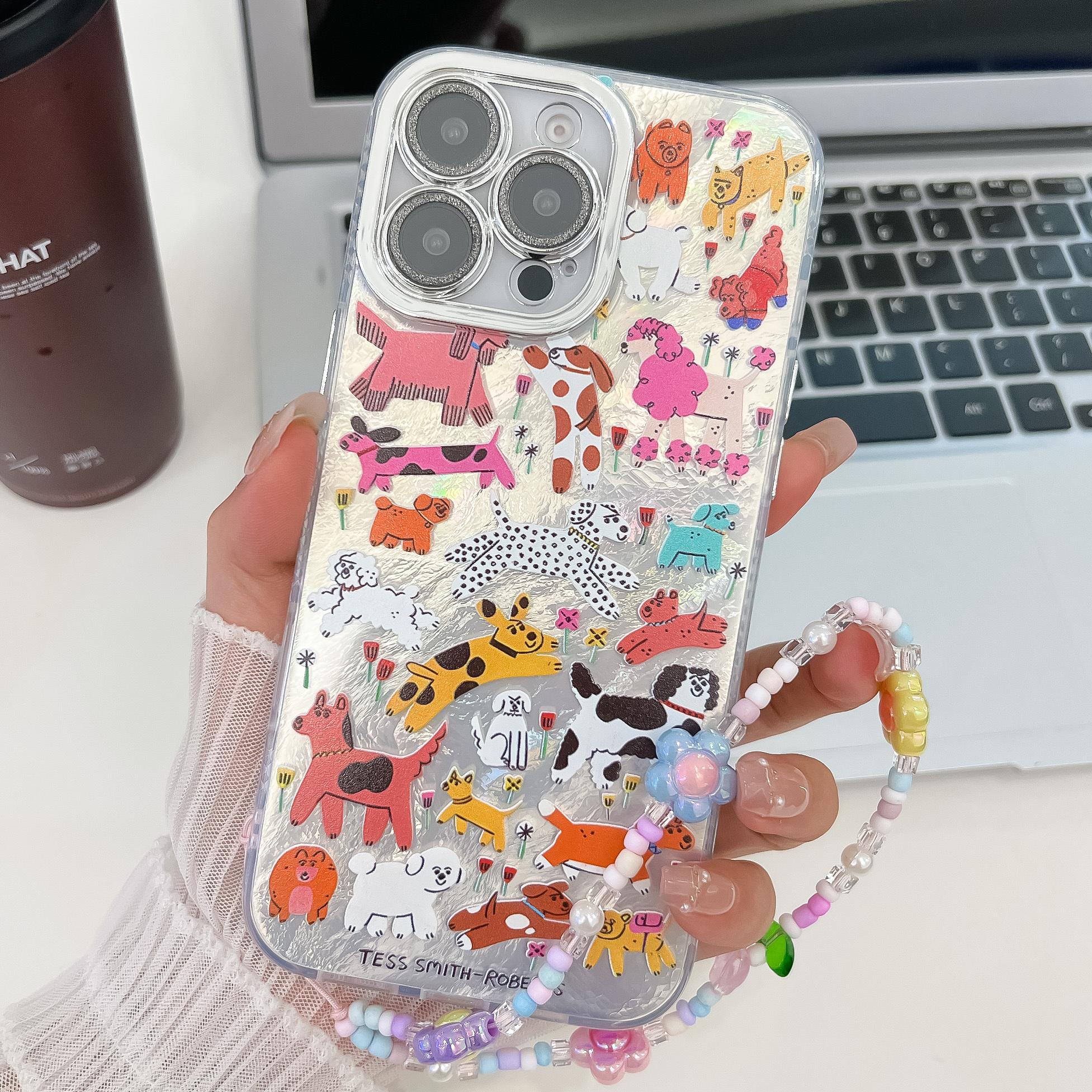 

For iPhone 16 Pro Case IMD Cartoon PC+TPU Back Cover with Glass Lens Film,Beaded Strap MK6