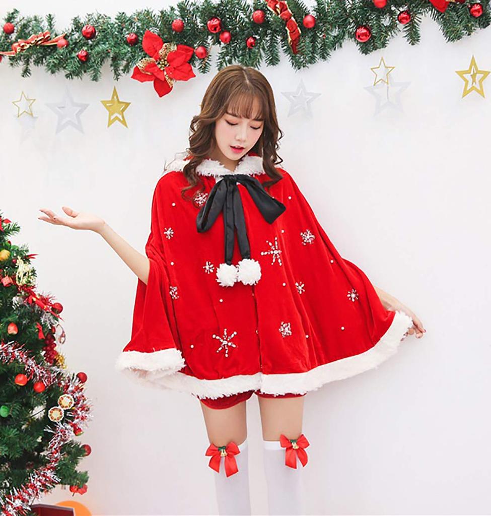 Milky Time 4-Piece Santa Costume Set with Hooded Poncho, Snowflake Print