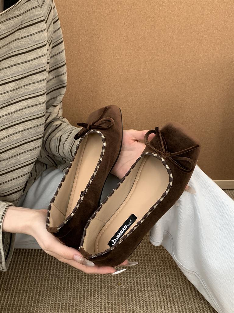 Square Head Retro Small Red Bow Shallow Mouth Evening Single Shoes Women's 2025 New Ballet Gentle Grandma Shoes
