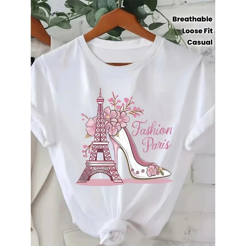 

European size Women s Parisian-Inspired Graphic Cotton T-Shirt - Eiffel Tower & Floral High-Heel Print, Loose Fit Round Neck Short Sleeveual Top 4XL