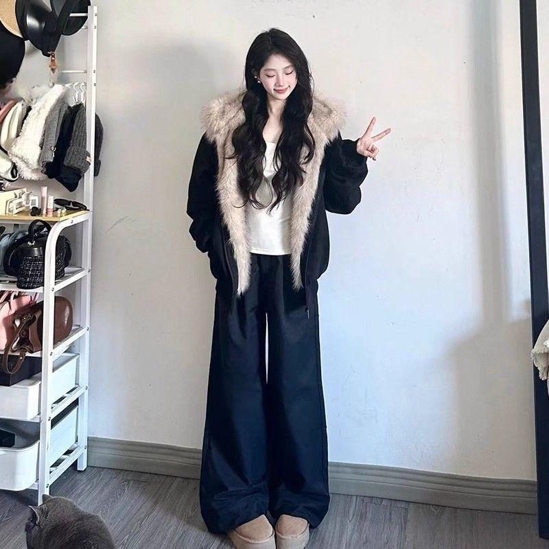 American Style Winter Cotton Jacket Cat Ear Faux Fur Hooded Coat Thicken Fleece Lined