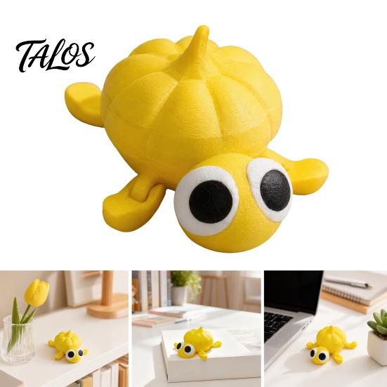 Burr-free 3D Print Printed Posable Big-Eyed Yellow Pumpkin Turtle Figurine, Flexible Joint Cute Durable Desktop Figurine Fidget Stress Relief