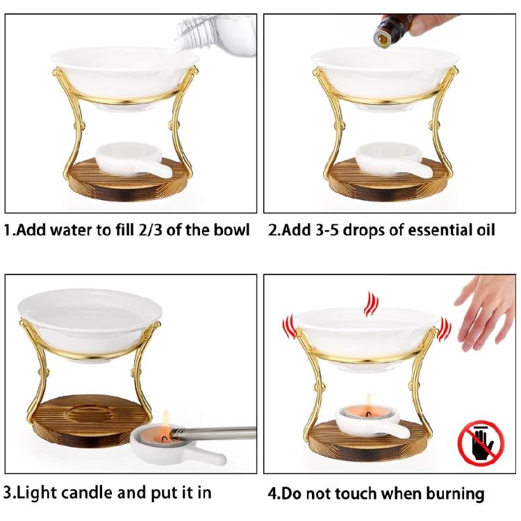 Difusor de Aceites Esenciales Cerámica Cuenco Quemadores de Cera de Aceite Calentador Portavelas de Té con Base de Madera para Decoración del Hogar