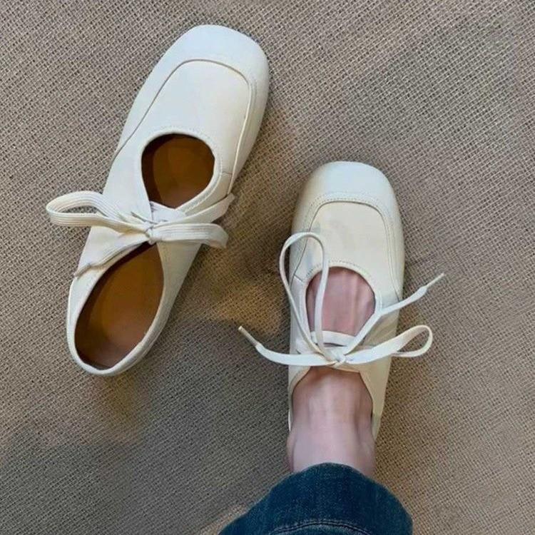 Sheepskin Version~ Versatile Little White Shoes Women's Hollow Lace-up Leather Single Shoes Retro Square Head Flat Bottom Comfortable Mary Jane Shoes