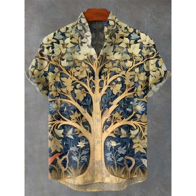 

Men s Vintage Art Shirt Vintage Abstract Geometry World Tree Print Short Sleeve Linen Casual Shirt Men s Holiday S