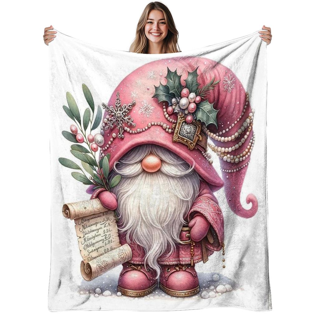 1pc Christmas Gnome Flannel Blanket | Soft, Warm, Luxury Design Printed Pattern, Polyester, 280gsm, All-Season Use, Ideal for Sofa, Bed, Living Room |