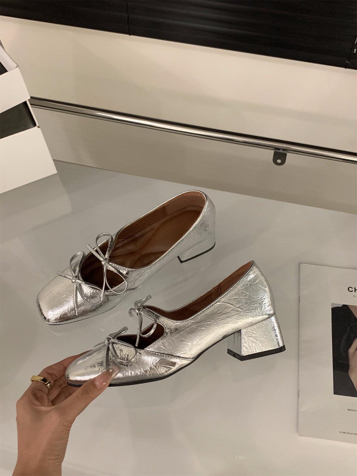 

Medium and high heel silver Mary Jane single shoes women s shoes spring and autumn 2025 new summer square head gentle evening shoes 40 серебряный