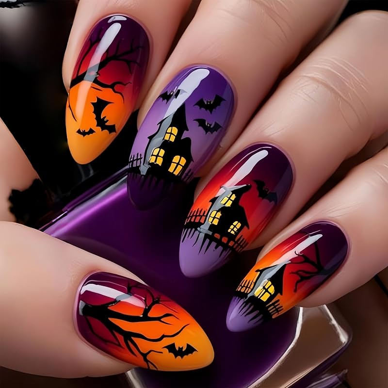 Halloween Press on Nails Medium Almond Fake Nails with Designs Cute Ghost Stick on Nails Rainbow Swirl False Nails Bat Acrylic Nails Cobweb