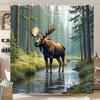 Moose In Forest Stream Shower Curtain Wild Animal And Pine Trees Print Polyester Bath Curtain With 12 Hooks For Nature Decor